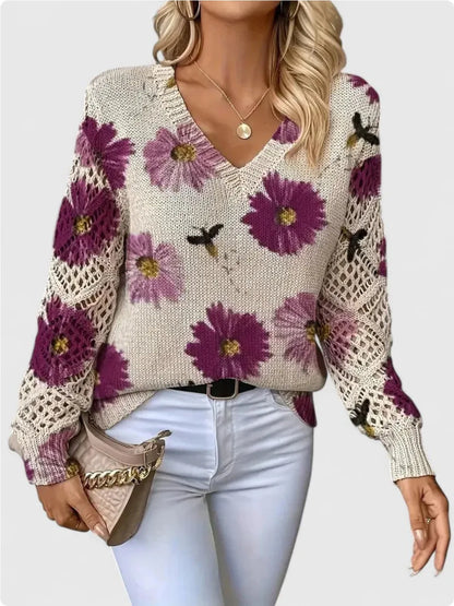 Boho Floral Print V Neck Crocheted Long Sleeved Sweater with Hollowed Out Knit Sleeves in 12 Different Designs