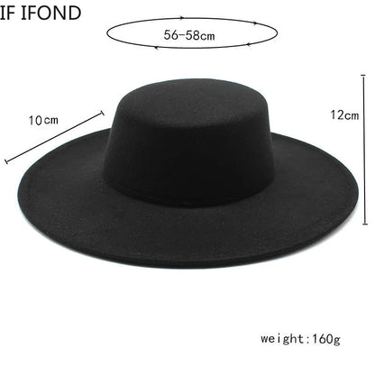French Wide Brim Women's Fedora Wool Hat  Flat Top Felt in Marigold, White, and Black.