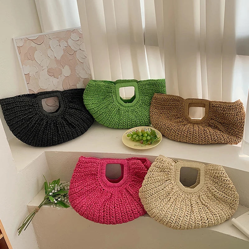 Straw Half-moon Rattan Handbag Handmade Handle Kintted Tote Bag