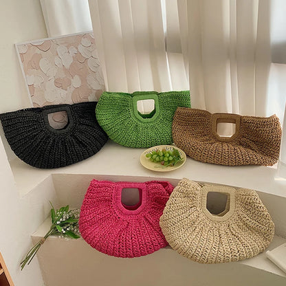 Straw Half-moon Rattan Handbag Handmade Handle Kintted Tote Bag
