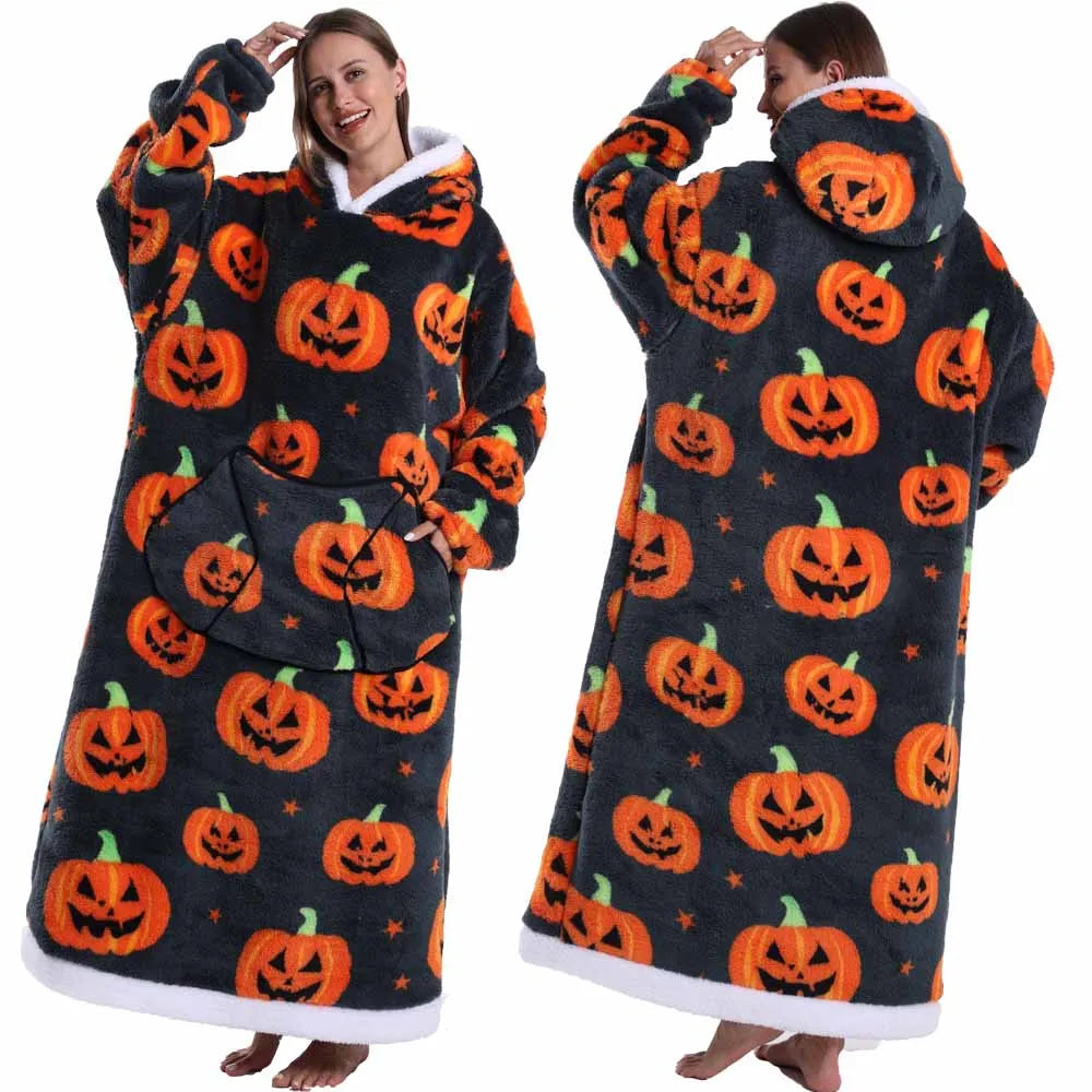 Super Long Flannel Pullover Night Shirt with Pocket and Hood, Super Snuggly for Men and Women, 12 Different Prints