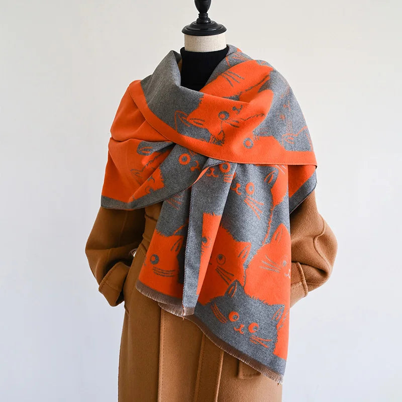Cute Cat Ladies' Jacquard Pashmina Cashmere Scarf Thick Warm