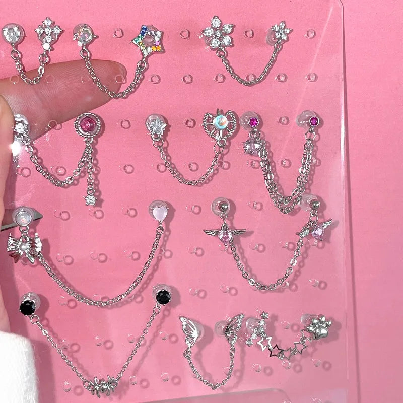 1 PC Pierced ear chain connecting 2 interesting earrings. Punk Jewelry