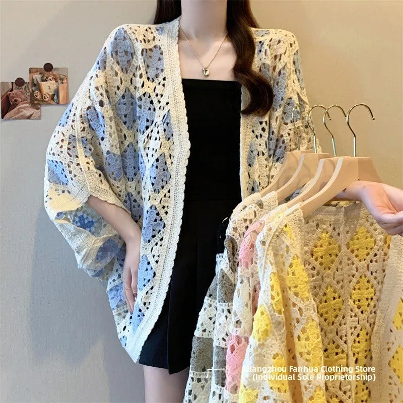Bohemian Style Hollowed-out Long Sleeve Light Weight Sweater with V Neck and Batwing Sleeves