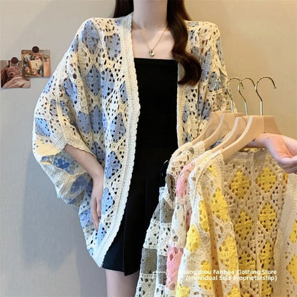 Bohemian Style Hollowed-out Long Sleeve Light Weight Sweater with V Neck and Batwing Sleeves