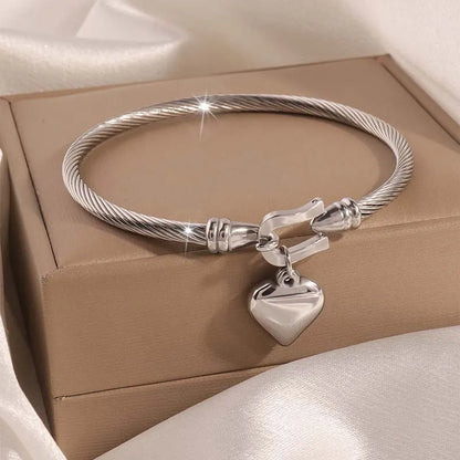 Stainless Steel Gold Color Heart Pendant Bracelets, Charm Bangle Bracelets, Waterproof Jewelry