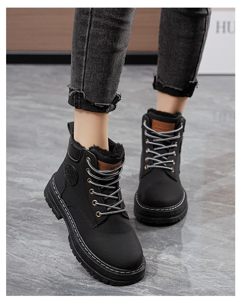 High Top Work Boots, Thick Soled, Lace-Up, Anti-Slip Warm Waterproof Women's Boots in Black and Marigold