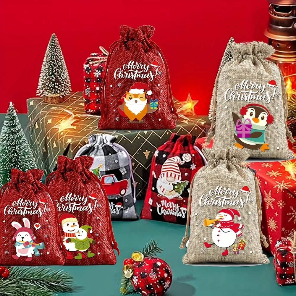 Christmas Drawstring Burlap Gift Bags, 12-Pack, 2 Colors