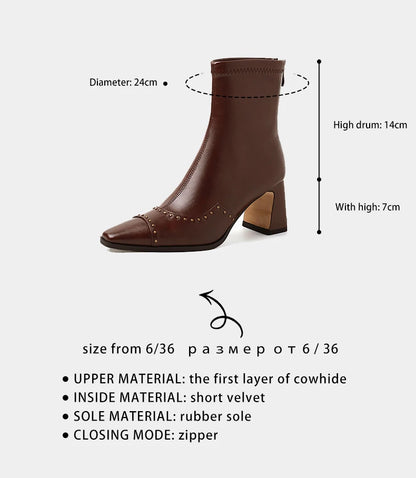 Rivetted Boots with Square Toes and Chunky Heels. Over the Ankle Stretch Tops