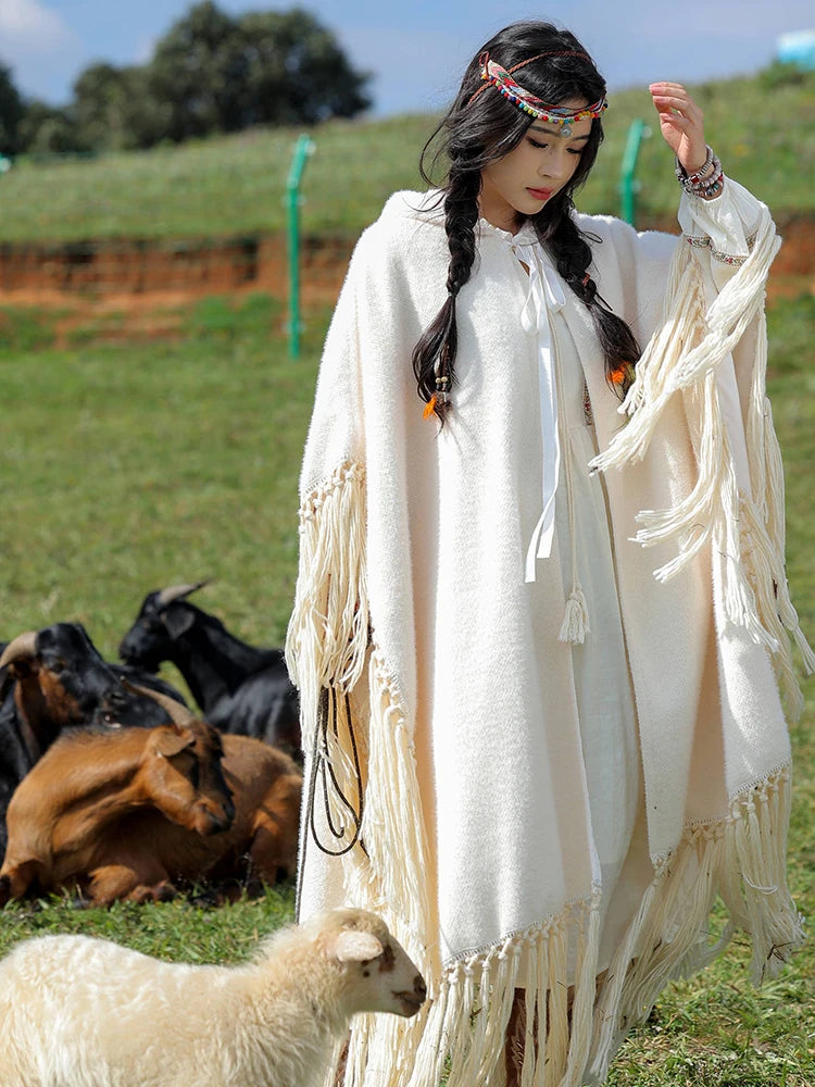 Boho Tassels Handmade Knitted Capes Thick Warm Ethnic Cloak Poncho (Red and Off White)