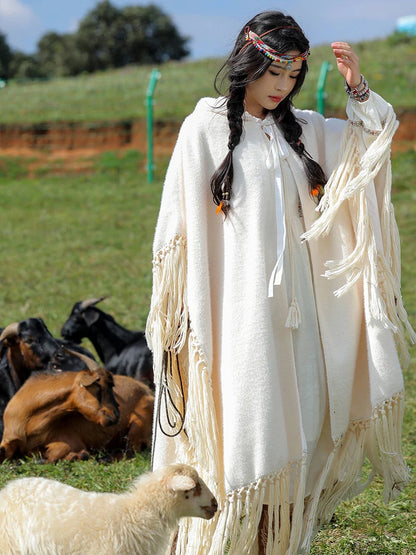 Boho Tassels Handmade Knitted Capes Thick Warm Ethnic Cloak Poncho (Red and Off White)