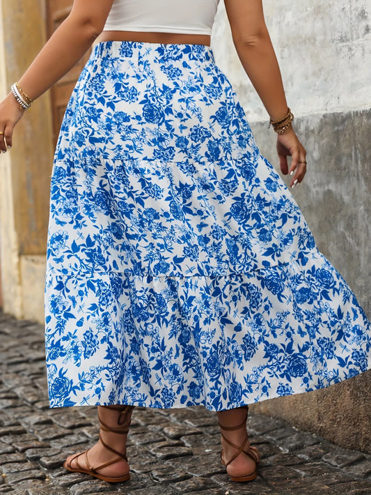 Sizes to 4XL  Floral Print Skirt, Casual Country Fashion, Loose, High Elastic Waist, Long Vintage Midi