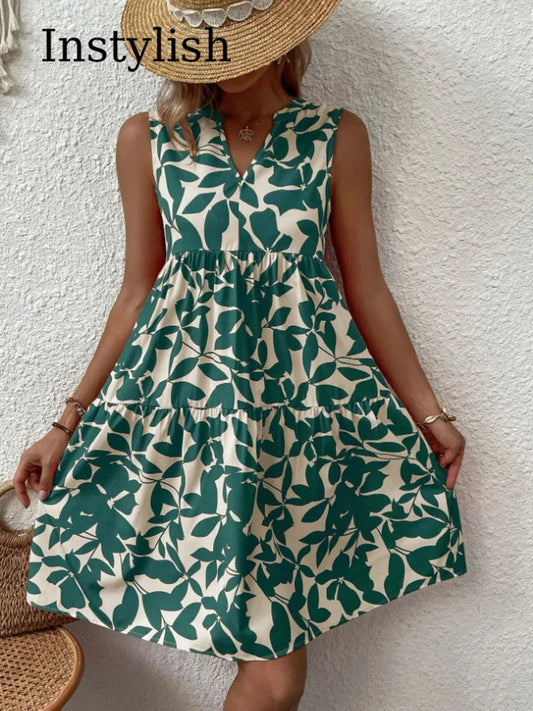 Sizes to 2XL, Boho Print Mini Dress, Sleeveless V Neck, A Line Tank Dress Casual Loose Oversize