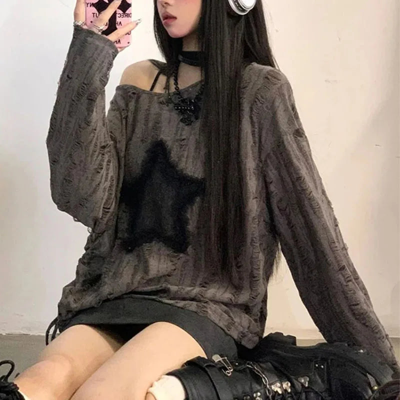 Star Print T-Shirt, Streetwear, Off Shoulder Tops, Oversized, Long Sleeve Loose Tees