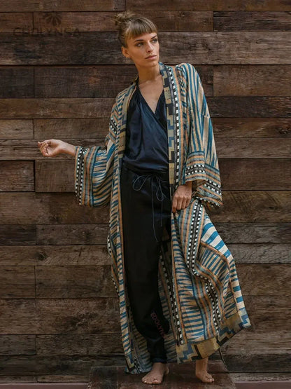 Bohemian Printed Cover-ups Elegant Belted Kimono Plus Size
