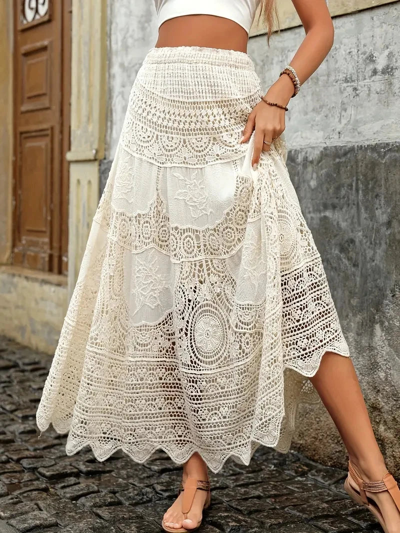 Crocheted Lace Maxi Skirt, Elastic Waist, Hollowed-out Embroidery, Long Boho Skirt