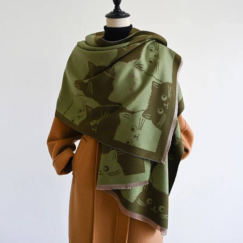 Cute Cat Ladies' Jacquard Pashmina Cashmere Scarf Thick Warm