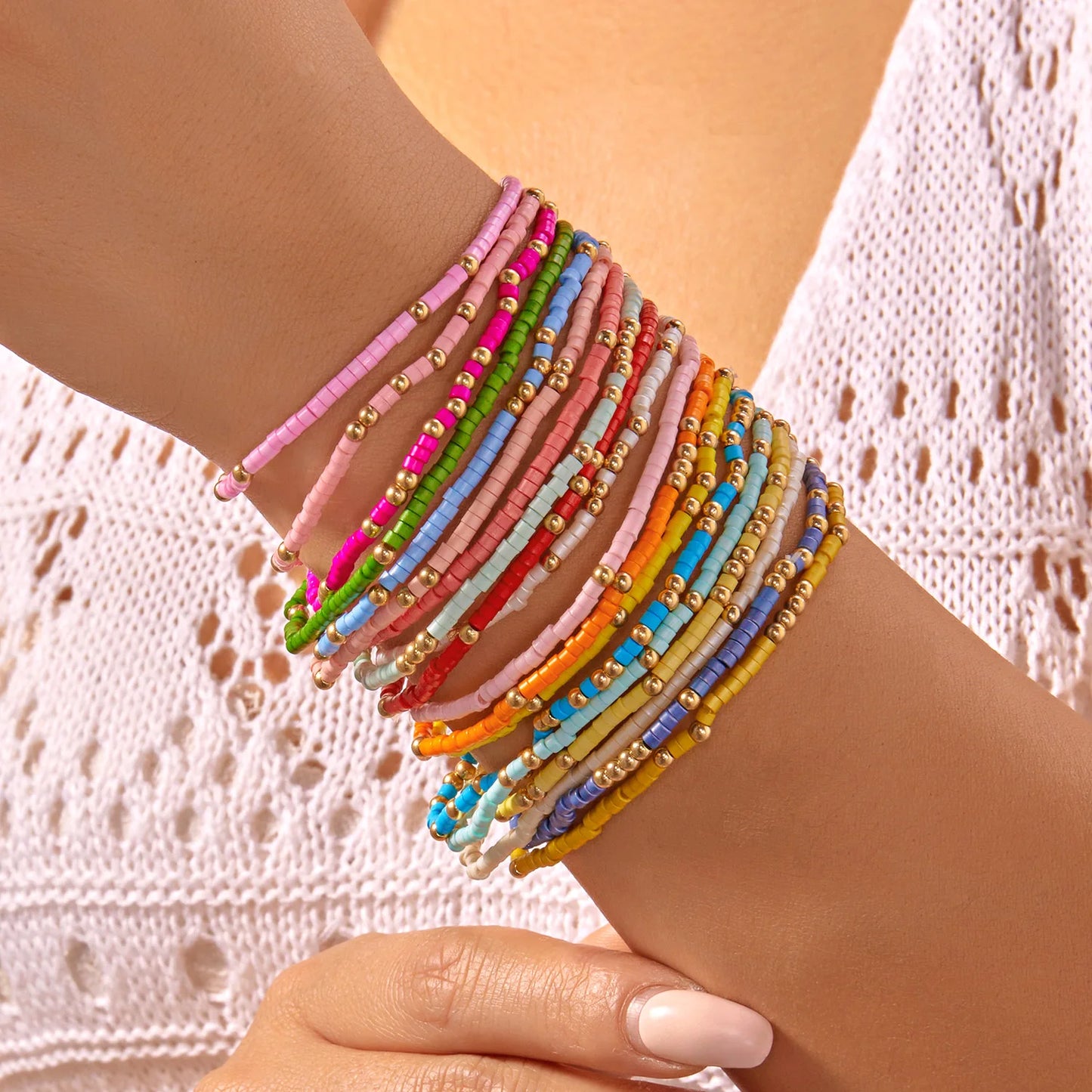 Bohemian Style Beaded Bracelets Set, Colorful Beads, Stretchy Strand Chain, Stacked Bracelets