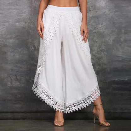 Boho Lace Harem Pants to 5XL, Loose Solid Wide Leg Arc-Shaped Pants with Angular Hem