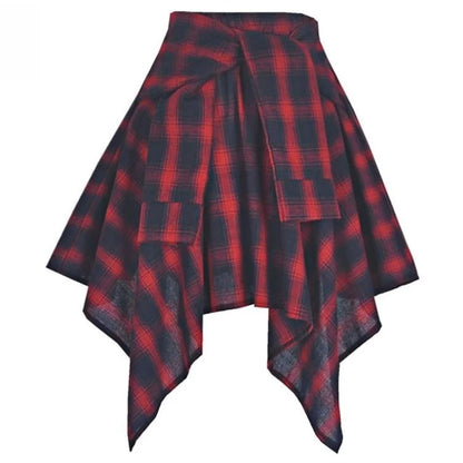 Sporty Street Style with Ruffle and Bow Tie Asymmetrical Hankie Hemline Elastic Waist, Plaid Patterned Skirt--Sizes 58 Centimeter Waist