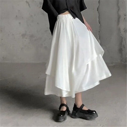 Boho Gothic Irregular Hem Coulottes Sizes to 2XL High Waist White or Black Long Skirts in Brown, Black, and White