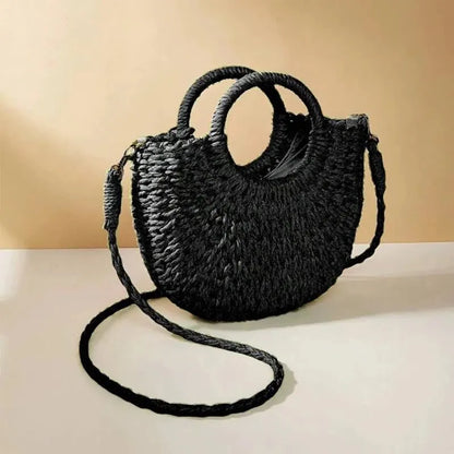 Handwoven Straw Rattan Half-Moon Beach Handbag or Crossbody Shoulder Bag. 4 other colors