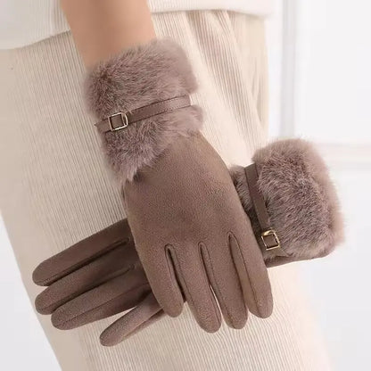Warm Gloves Fleece Lined Windproof Cold-Resistant Touchscreen Compatible with Plush Decoration