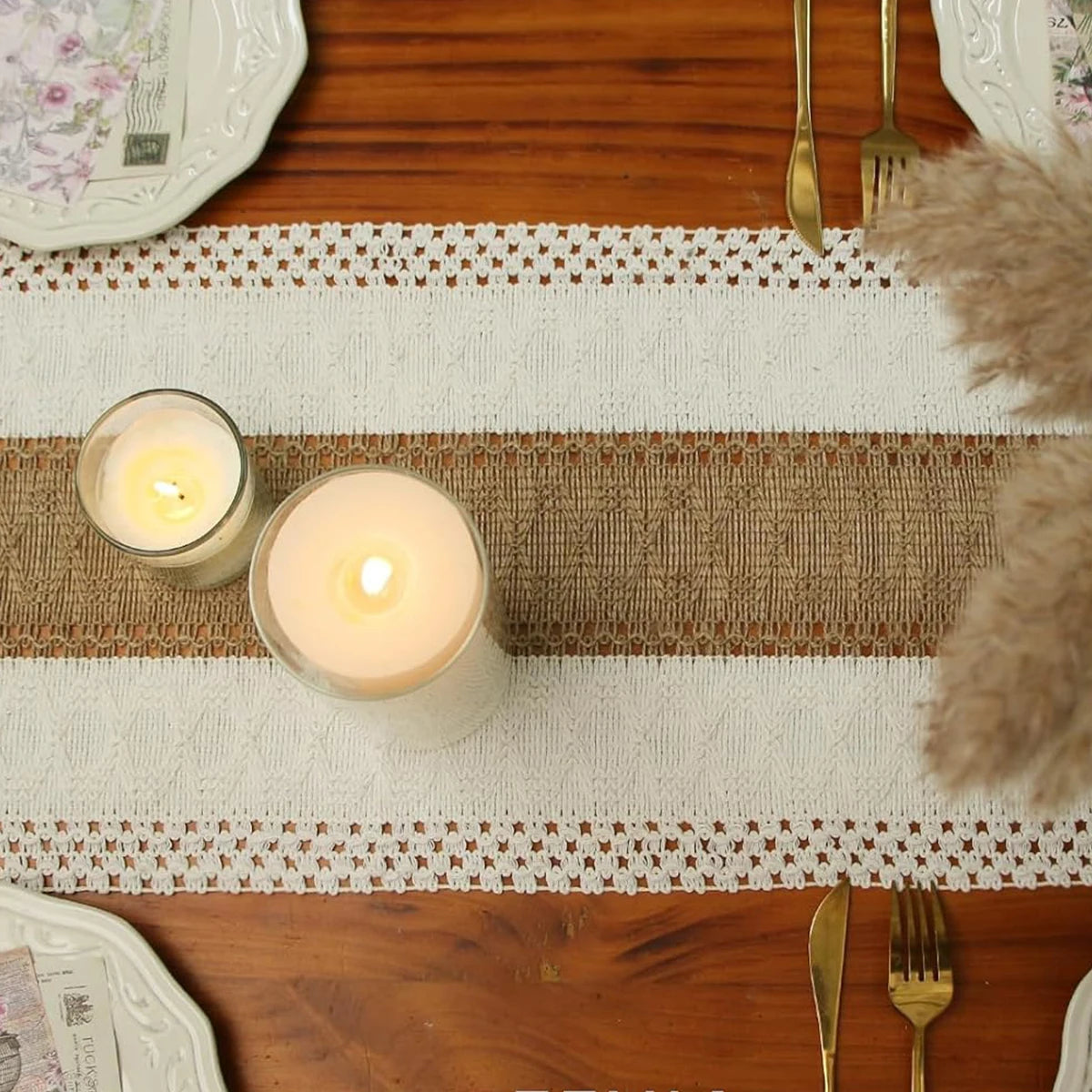 Boho Table Runner Farmhouse Burlap Cotton Table Runner with Woven Macrame Tassels. Various Sizes and Colors