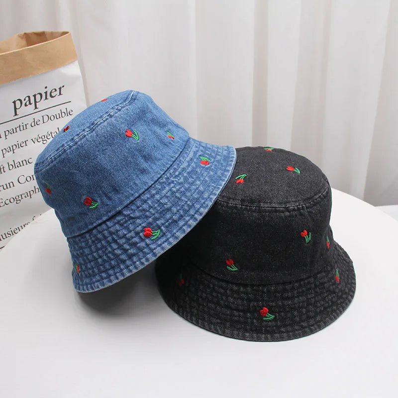 Washed Denim Embroidered Watermelon, Bows, and Cherries to choose from in various colors!