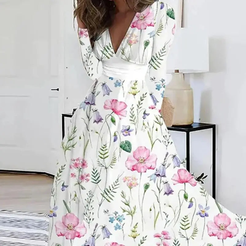 Bohemian Floral Print Deep V Neck Long Sleeve High Waist Flowy Maxi Dress With Elegant Botanical Pattern
