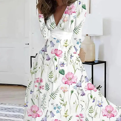 Bohemian Floral Print Deep V Neck Long Sleeve High Waist Flowy Maxi Dress With Elegant Botanical Pattern