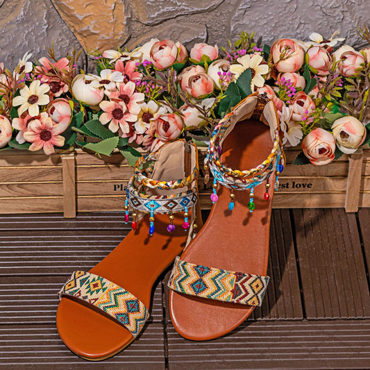 Bohemian, Romanesque Flat Sandals, Hand Beaded, Back Zipper,