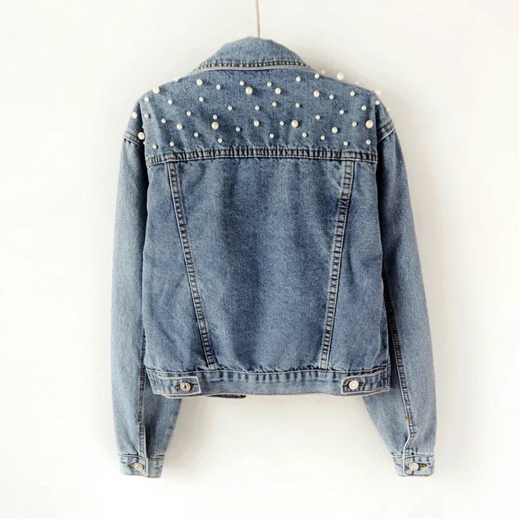 To Sizes 5XL Versatile Pearl Cropped Denim Jacket Loose Fit