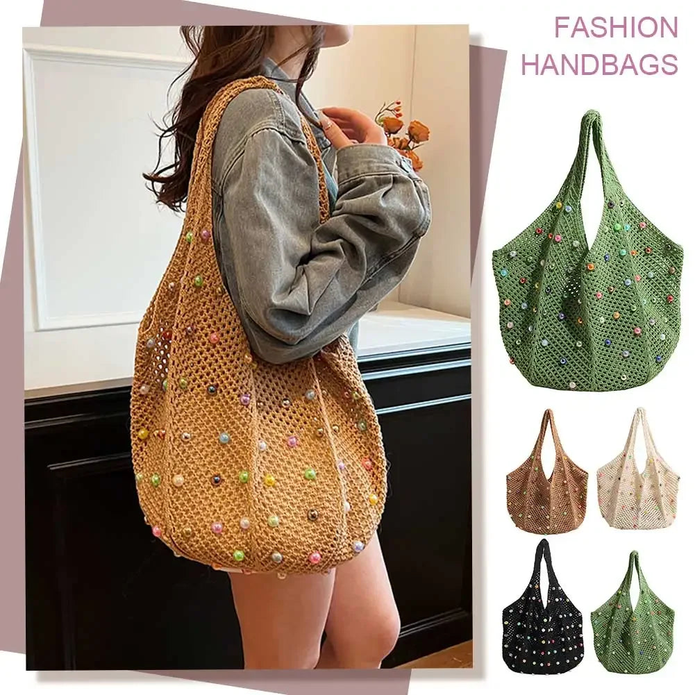 Boho Crochet Bag with Colored Beads Aesthetic Large Capacity Knitted Tote/Handbag Available in 4 Colors