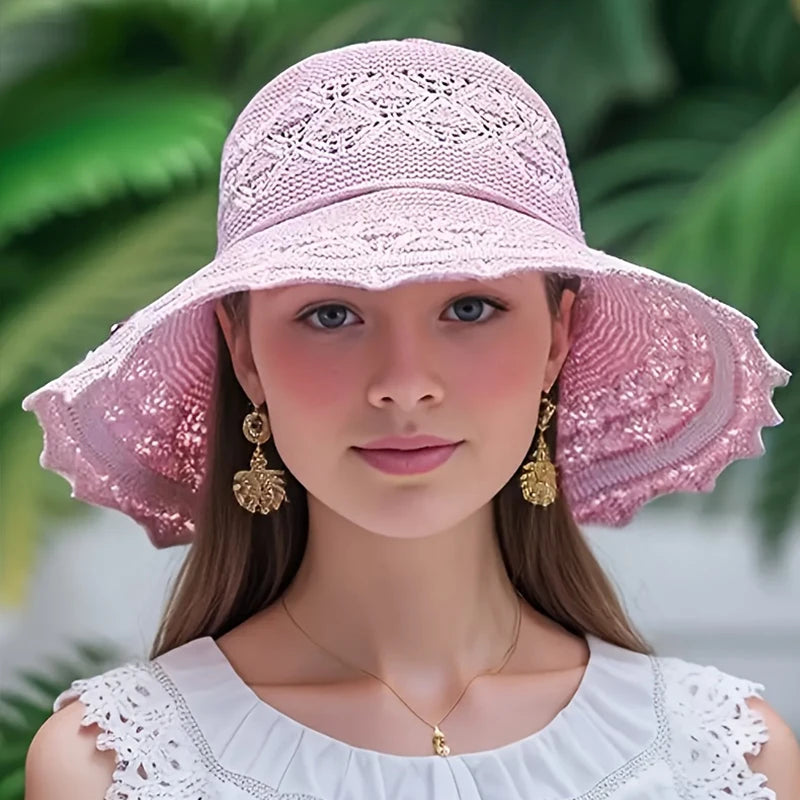Summer straw hat with design and large brim Sun Hat Various colors