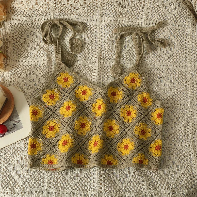 Floral Sleeveless Crochet Top with lace-up shoulder straps