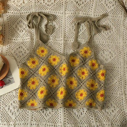 Floral Sleeveless Crochet Top with lace-up shoulder straps