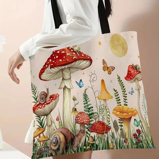 Mushroom Print Shopping Bag Eco Reusable Polyester/Linen Large Tote , Use as a GIFT BAG--WHY USE PAPER???