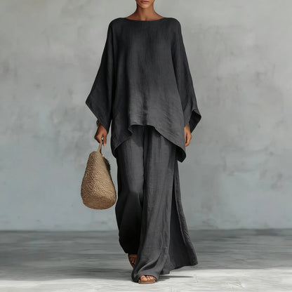 Retro Loose Linen, Long-Sleeved, Extra-Wide Legged Pantsuit, Angled Hem on Top Hem and Sleeves. Comes in Wine Red, White, Grey, Black, and Khaki