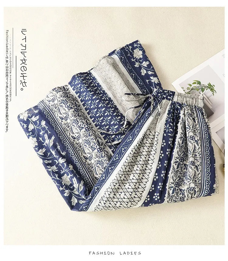 Retro Ethnic Print Flax A-Line Midi Skirt High Waist Drawstring Sizes to 2XL