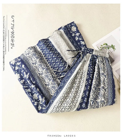 Retro Ethnic Print Flax A-Line Midi Skirt High Waist Drawstring Sizes to 2XL