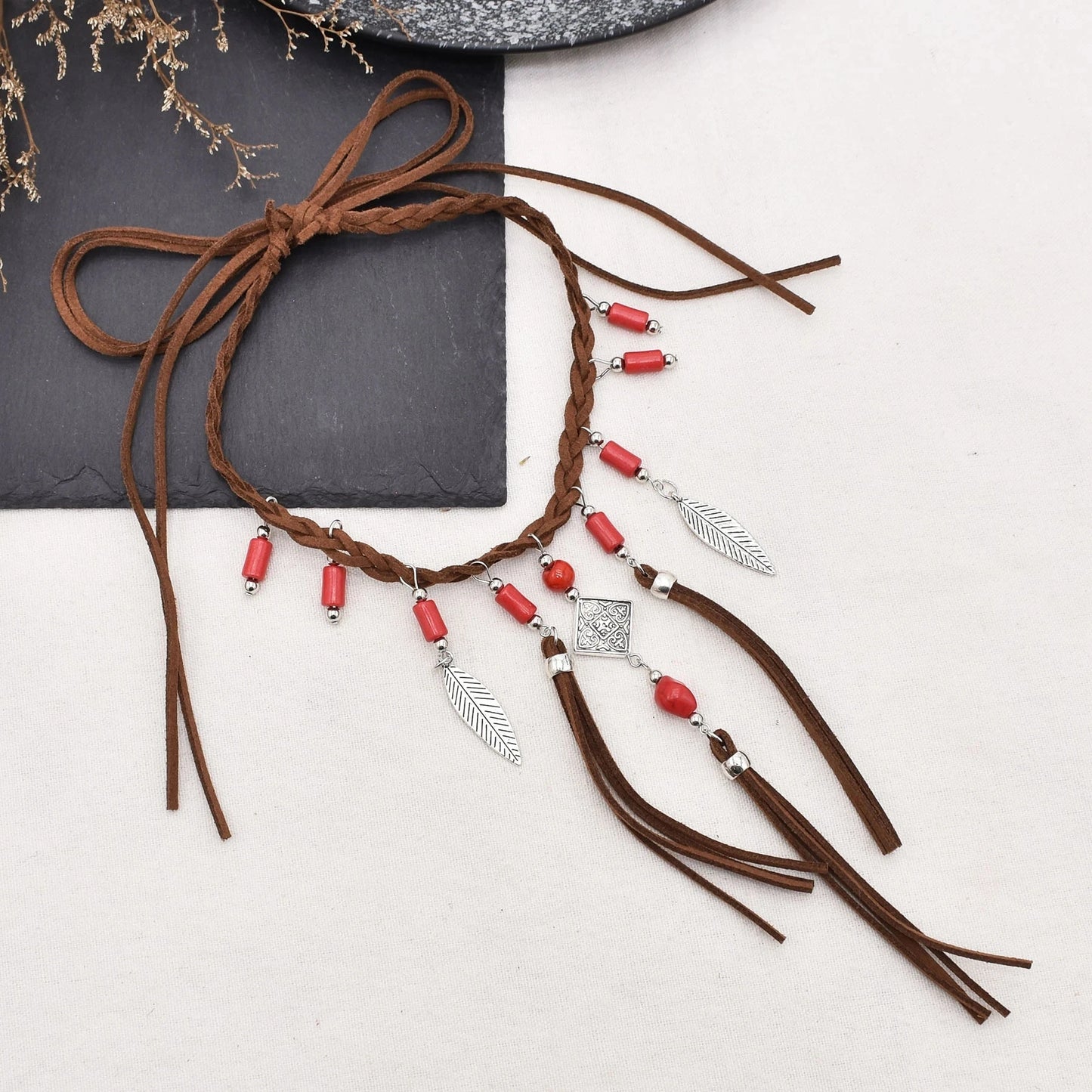 Retro Brown Leather Rope Woven Indian Necklace Acrylic Bead Leather Tassel Choker Ethnic Tribal Statement Jewelry also in Red Beads
