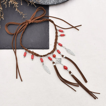 Retro Brown Leather Rope Woven Indian Necklace Acrylic Bead Leather Tassel Choker Ethnic Tribal Statement Jewelry also in Red Beads