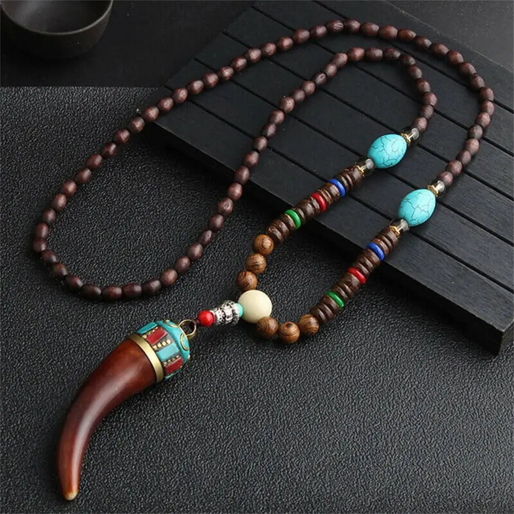 Long Wooden Beaded Tassel Boho  Necklace Nepal Wood Beads