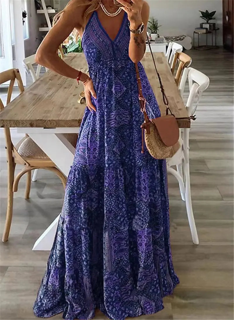 Boho Long Dress V-Neck High Waist Floral Print Maxi Gown European And American New Style Strapless Dress