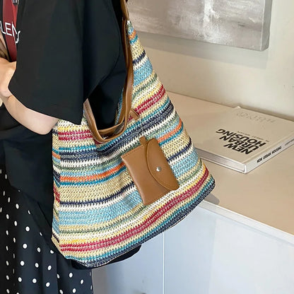 Bohemian Handmade Large Capacity Purse with Faux Leather Strap and small exterior change purse