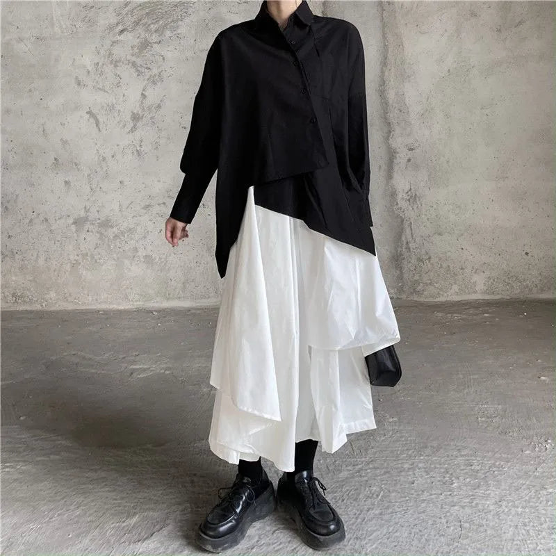 Boho Gothic Irregular Hem Coulottes Sizes to 2XL High Waist White or Black Long Skirts in Brown, Black, and White
