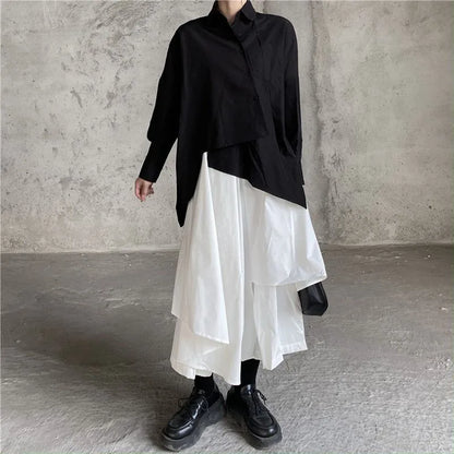 Boho Gothic Irregular Hem Coulottes Sizes to 2XL High Waist White or Black Long Skirts in Brown, Black, and White