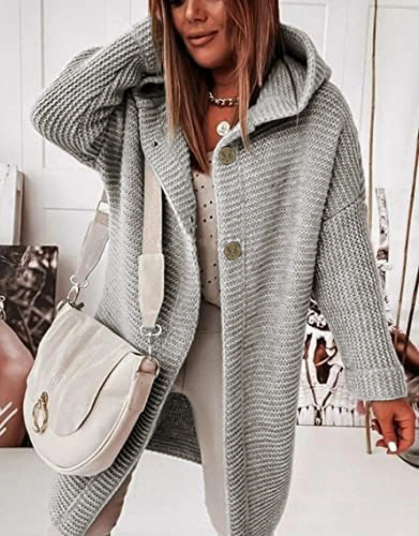 Oversized Gray Waffle Knit Hooded Cardigan Button Front Casual Outerwear