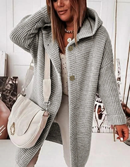 Oversized Gray Waffle Knit Hooded Cardigan Button Front Casual Outerwear